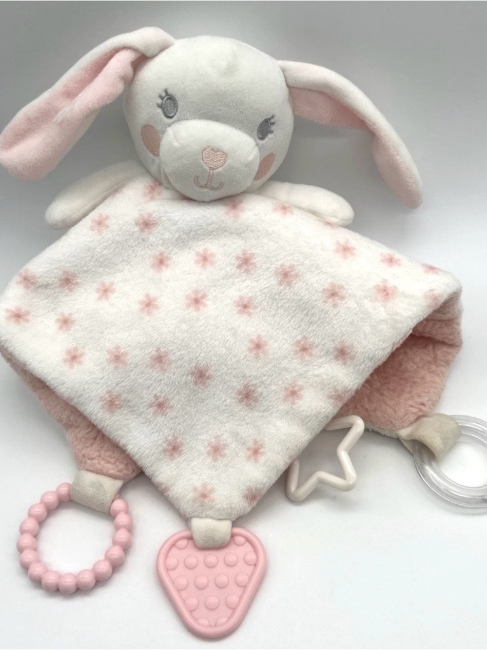 Dream Gro White Pink Rabbit Lovey Soothing Blanket Sensory Activities Plush 13"